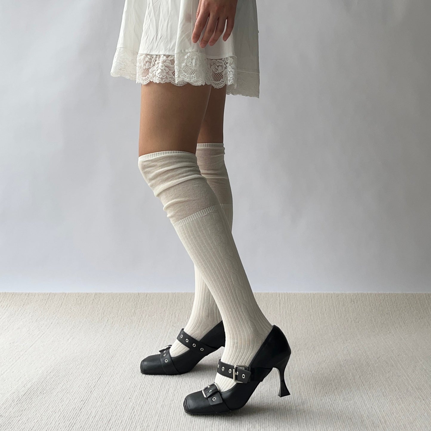 Beige Cotton Over the Knee Socks