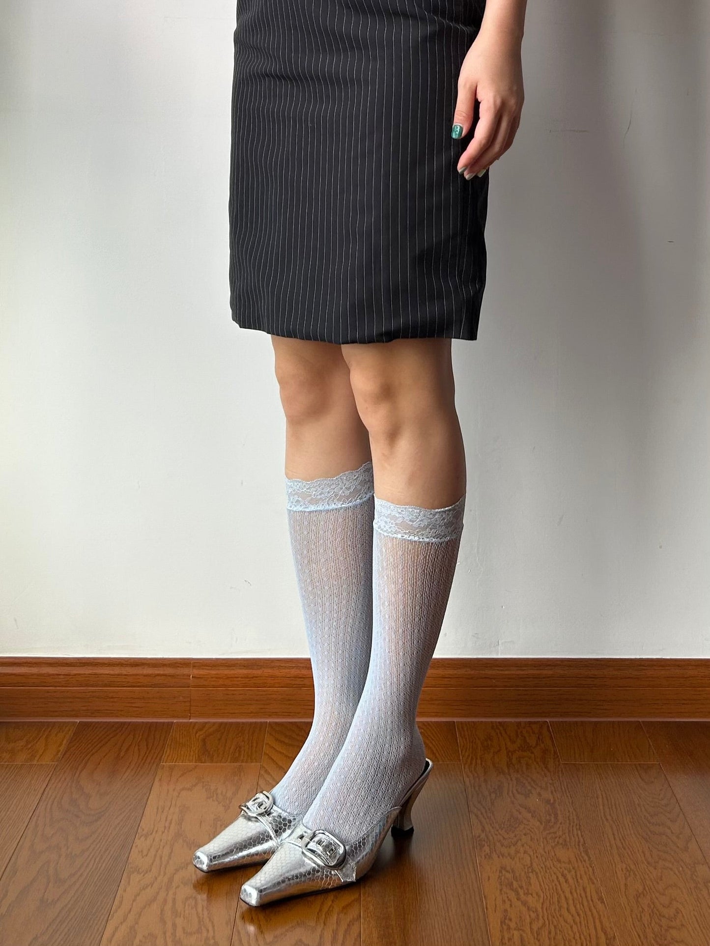 Dusty Blue Lace Edge Fishnet Knee High Socks