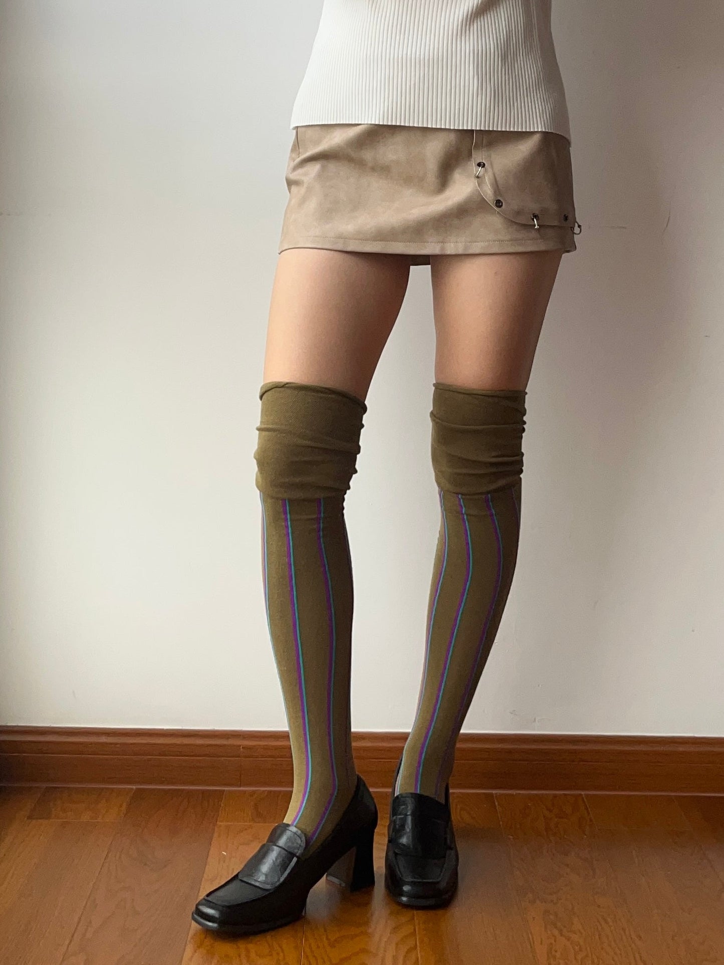 Olive Stripe Cotton Over the knee socks