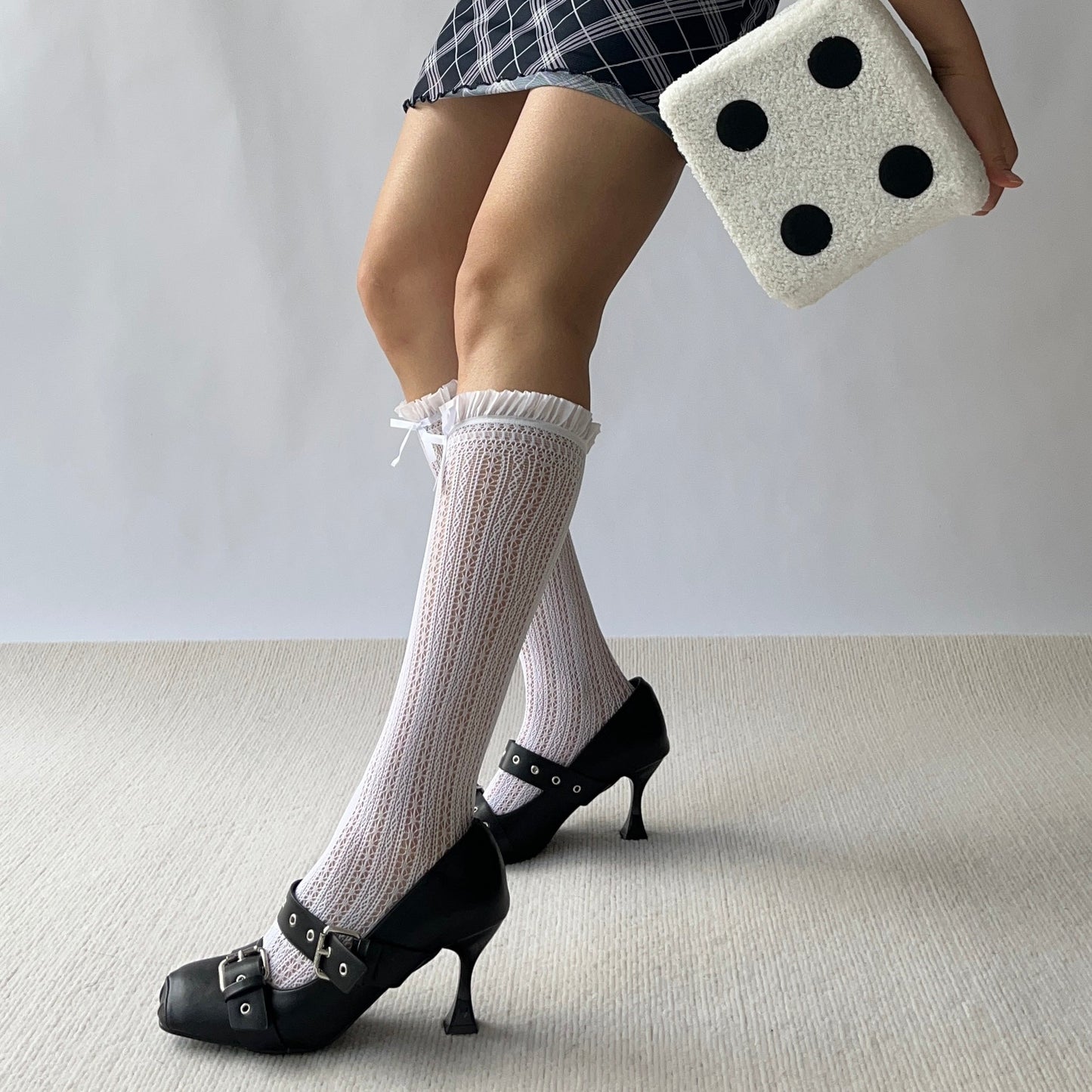 White Ruffle Fishnet Knee High Socks