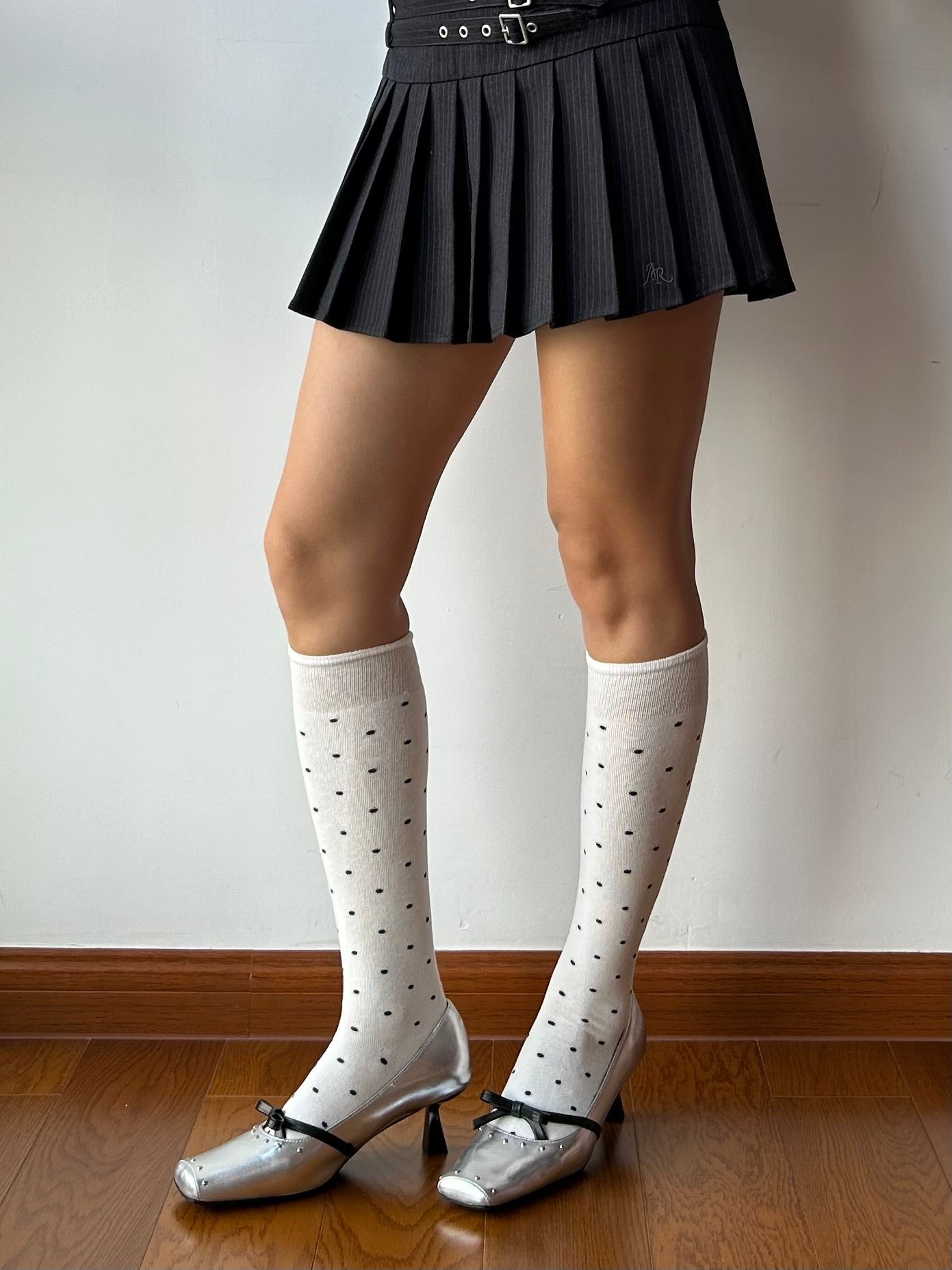 White Polka Dots Cotton Knee High Socks