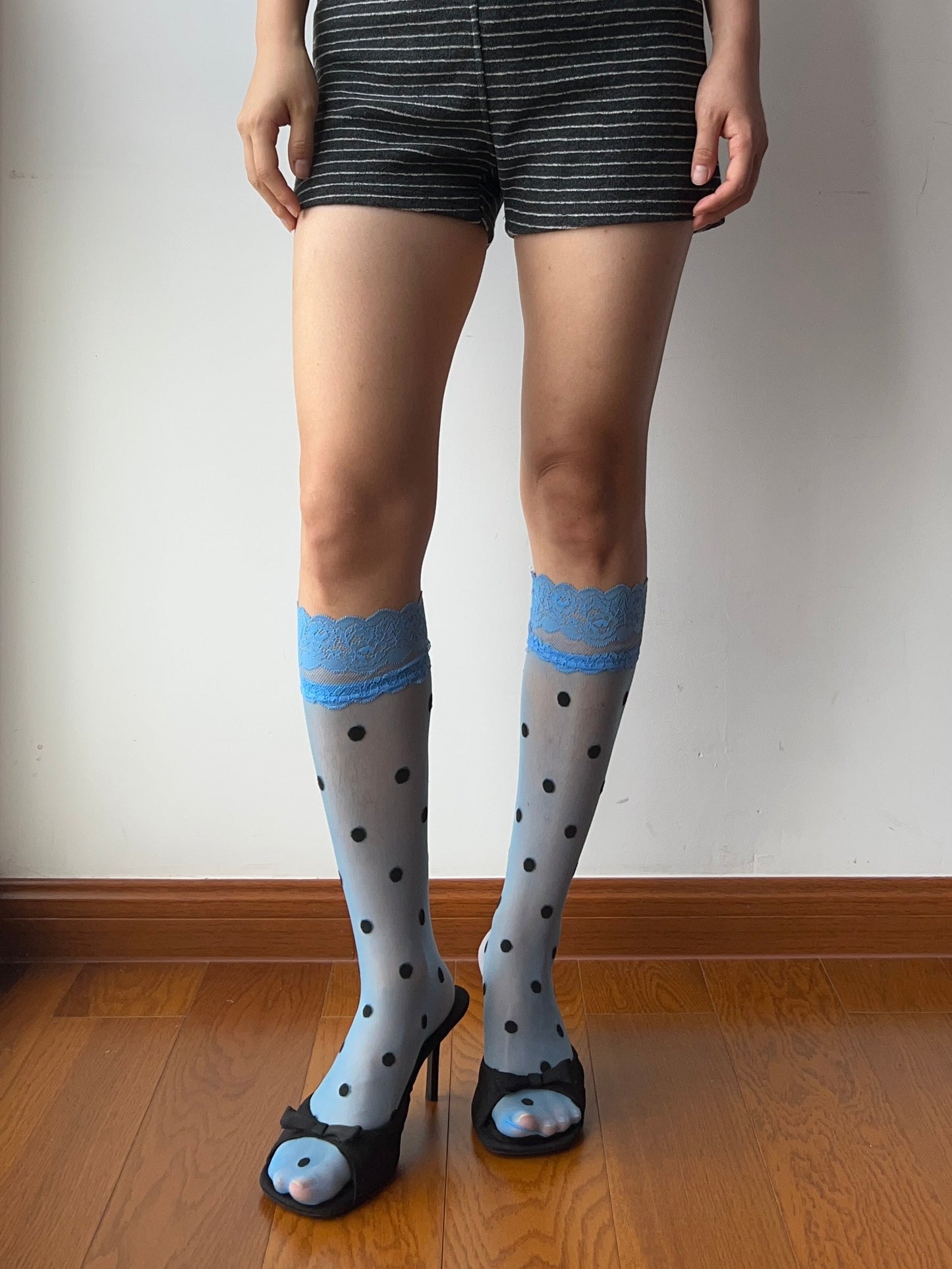 Blue Lace Edge Polka Dots Sheer Knee High Socks