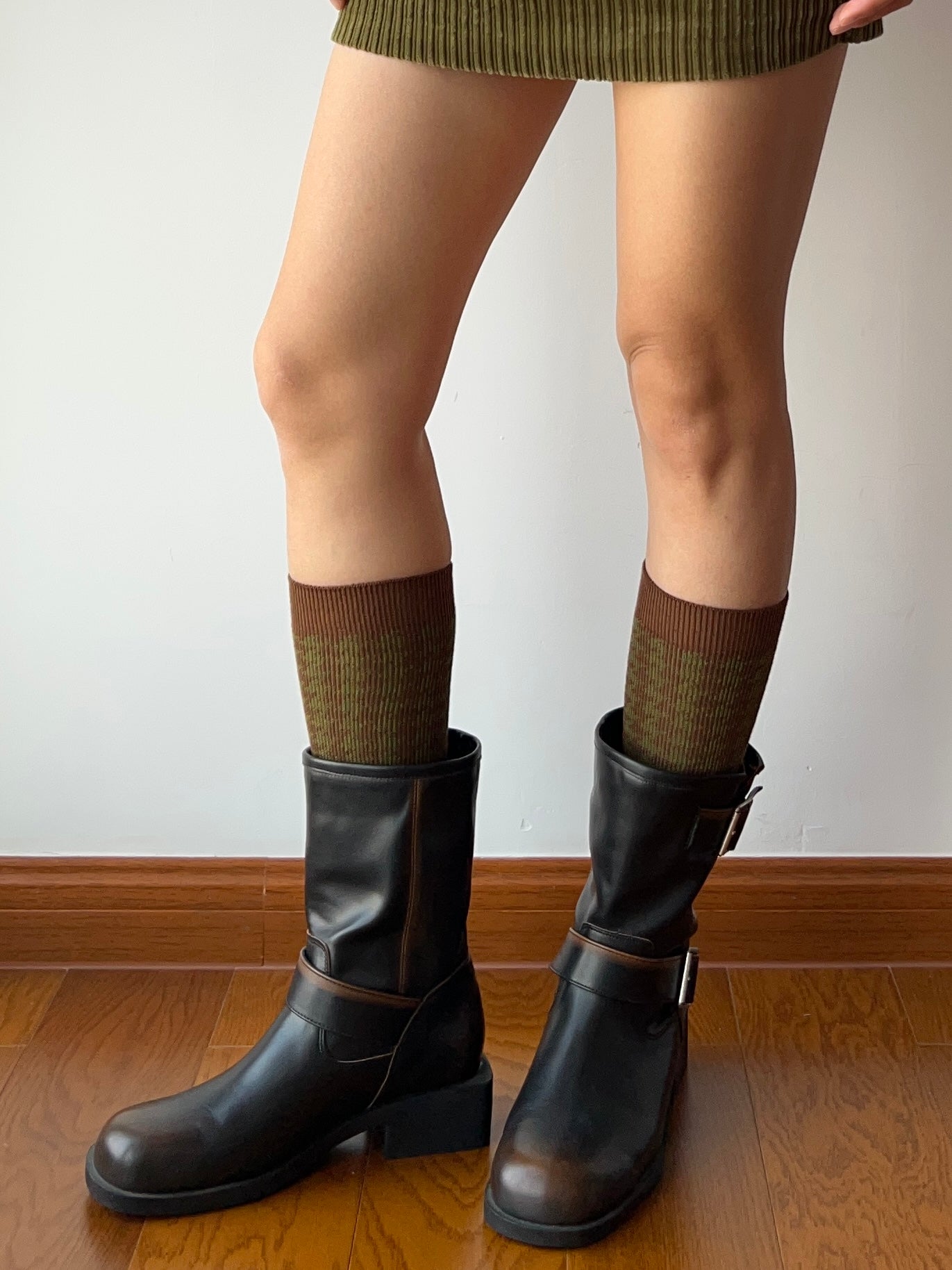 Olive Green+Dark Blue Double Knitting Knee High Socks