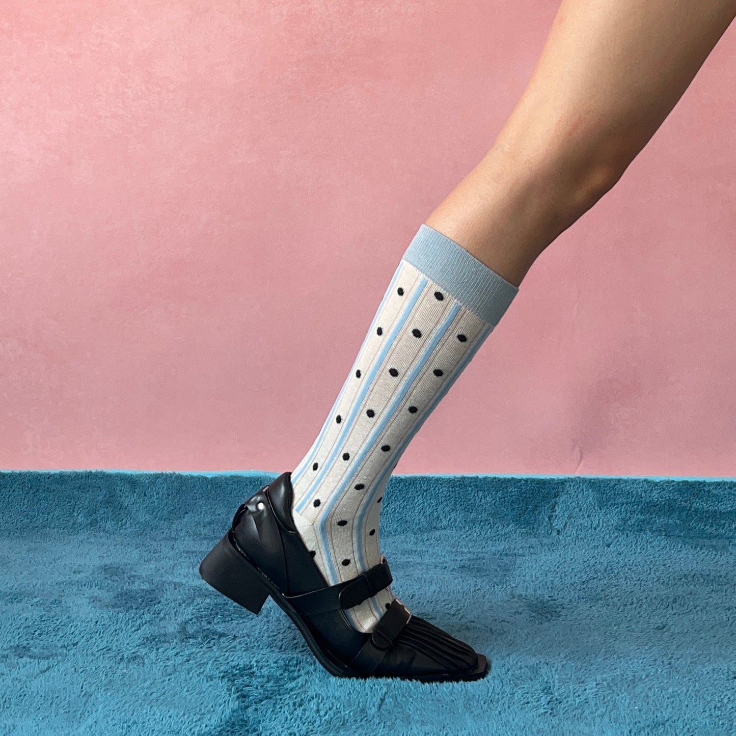 Blue Polka Dots Stripe Cotton Knee High Socks