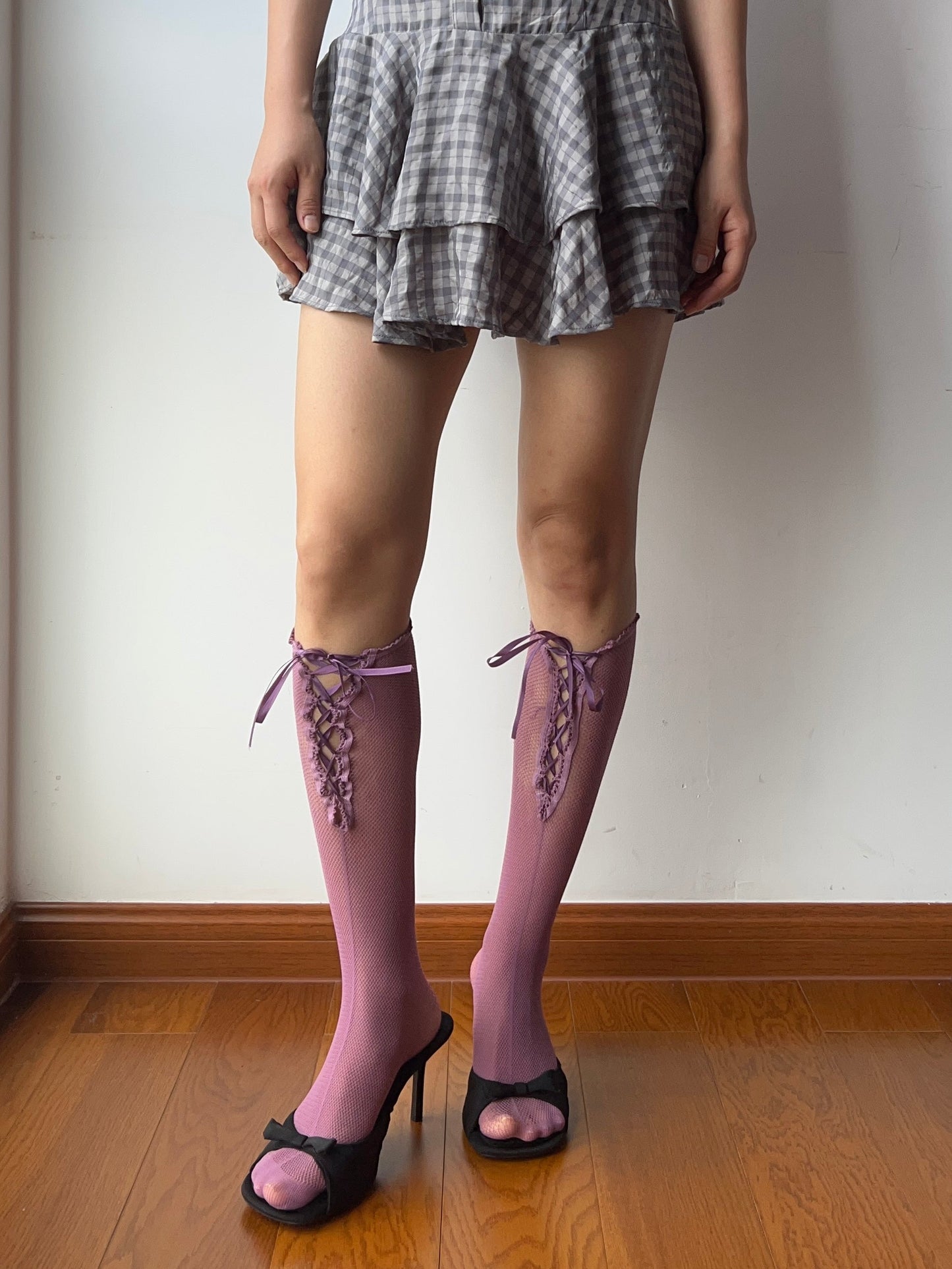 Purple Lace Up Fishnet Knee High Socks