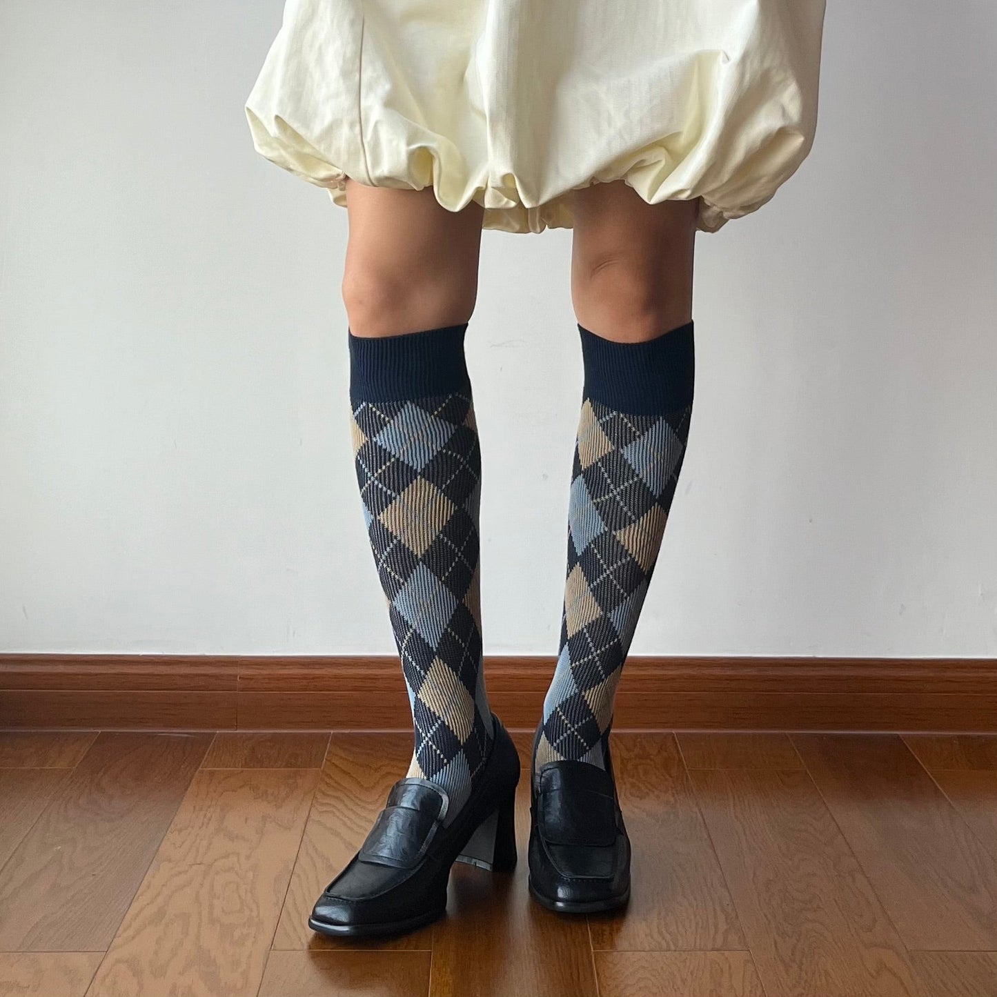 Blue Check Pattern Cotton Knee High Socks