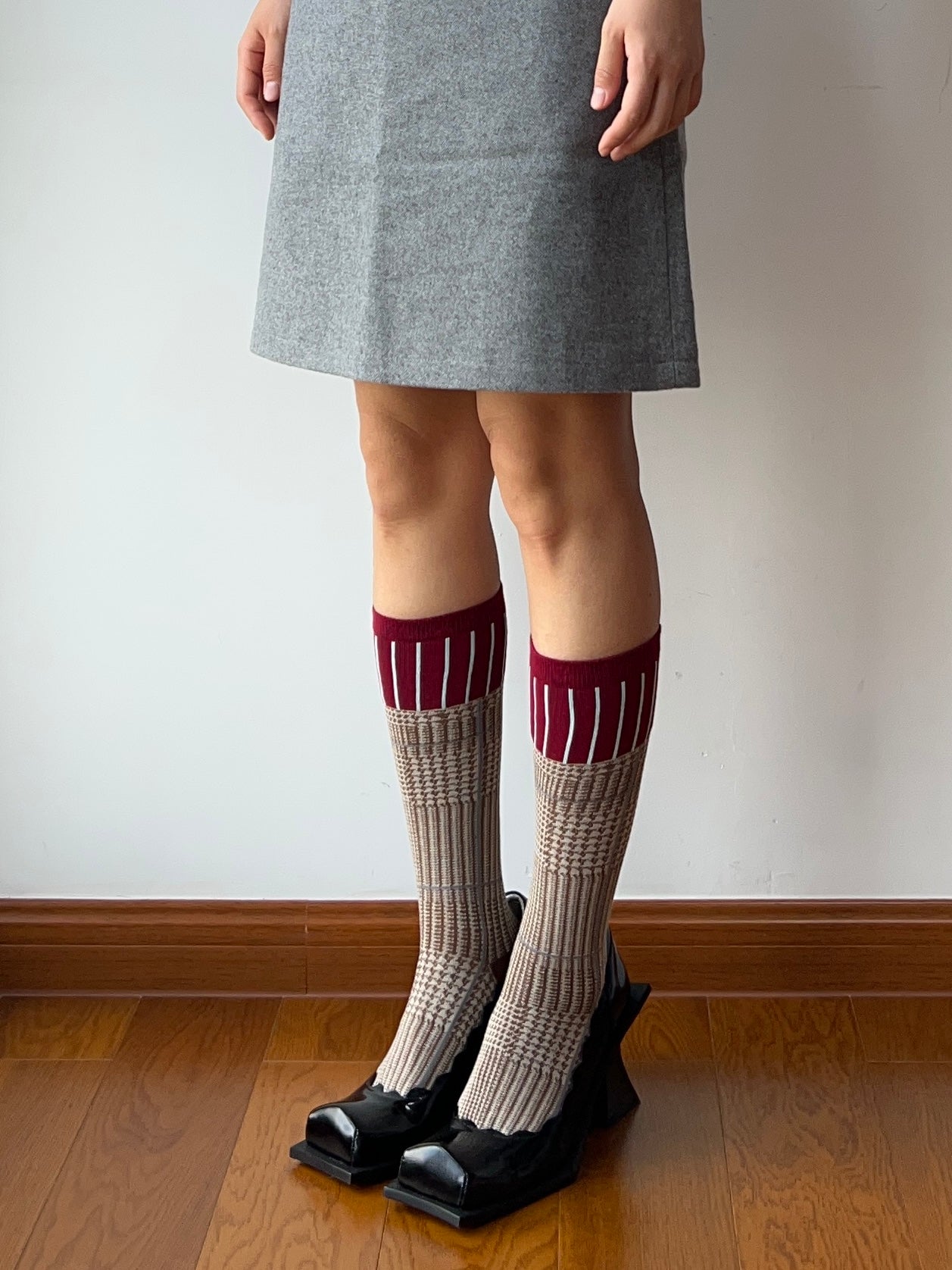 Burgundy+Khaki Cotton Knee High Socks
