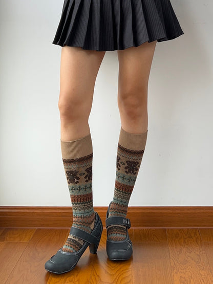 Khaki Bear Pattern Combed Cotton Knee High Socks