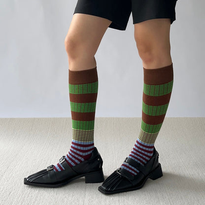 Green + Brown Stripe Cotton Knee High Socks