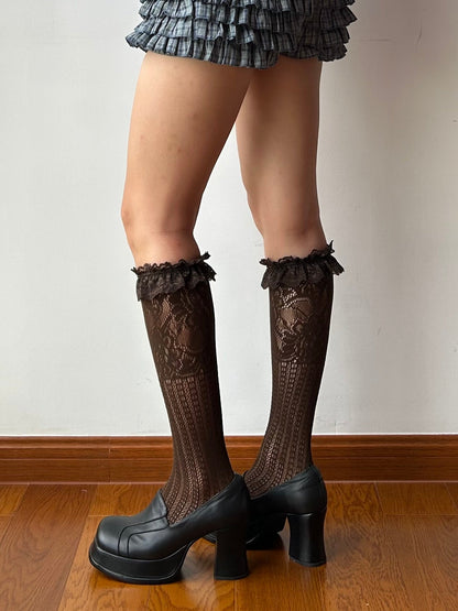 Brown Ruffle Fishnet Knee High Socks