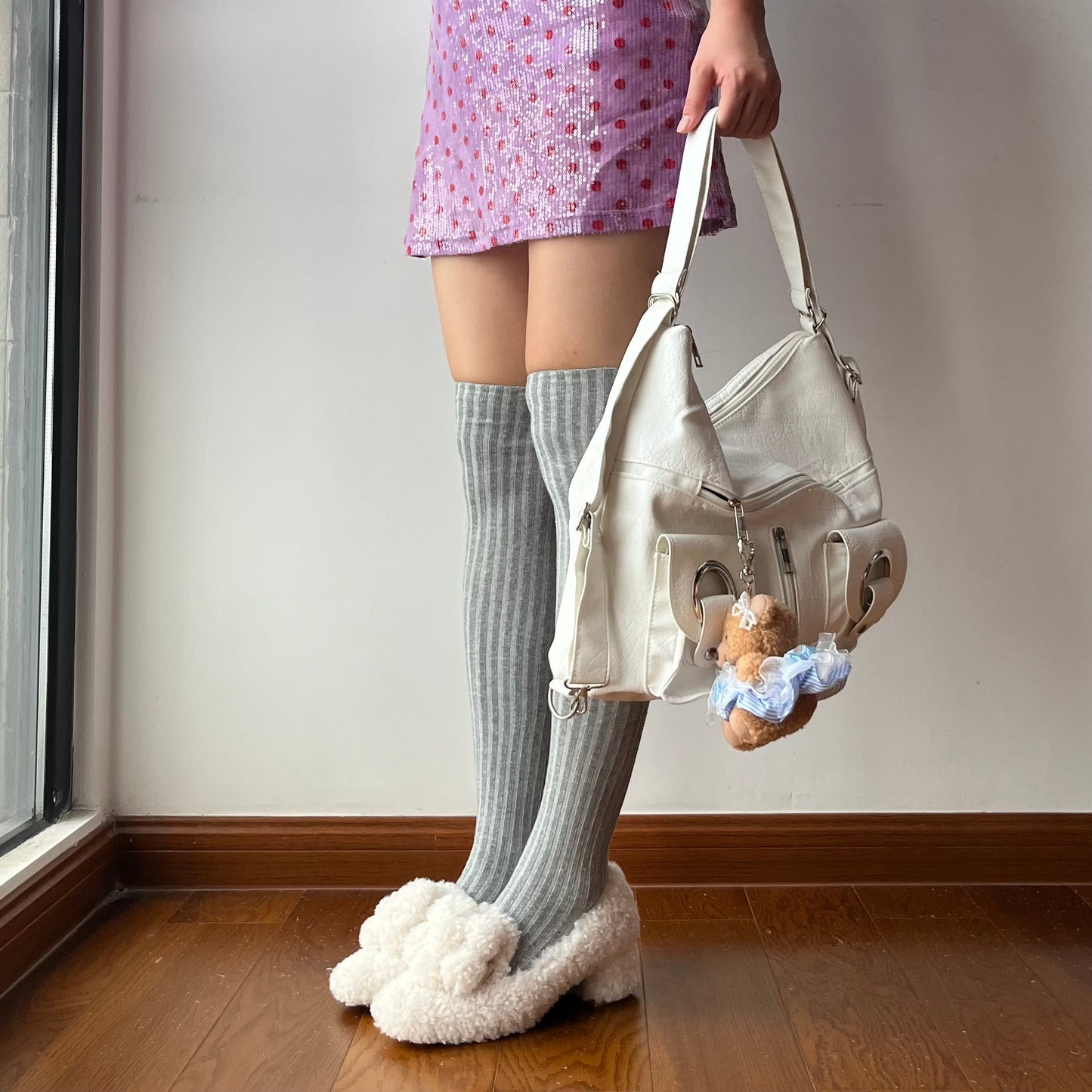 Grey Cotton Over the Knee Socks