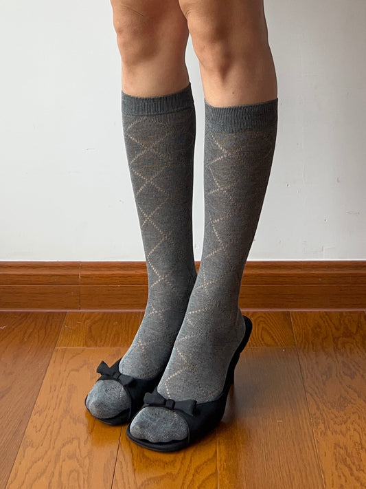 Grey Check Pattern Knee High Socks