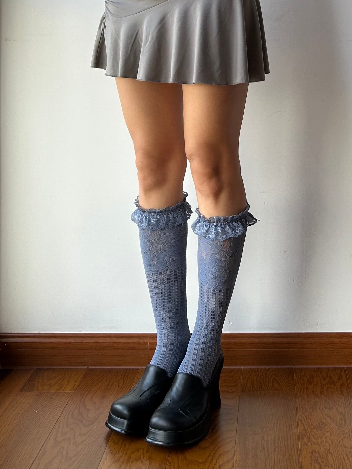 Smoky Blue Ruffle Fishnet Knee High Socks