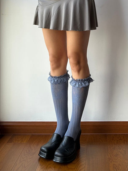 Smoky Blue Ruffle Fishnet Knee High Socks