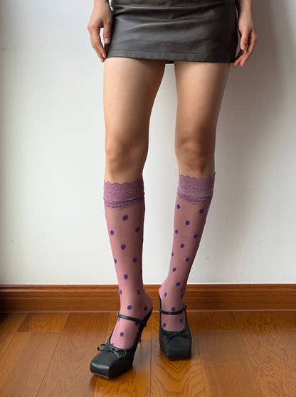 Purple Lace Edge Polka Dots Sheer Knee High Socks