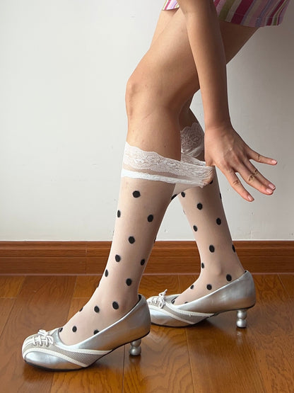 White Lace Edge Polka Dots Sheer Knee High Socks