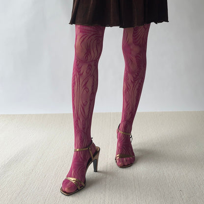 Rose Red Textured Floral Pattern Fishnet Tights