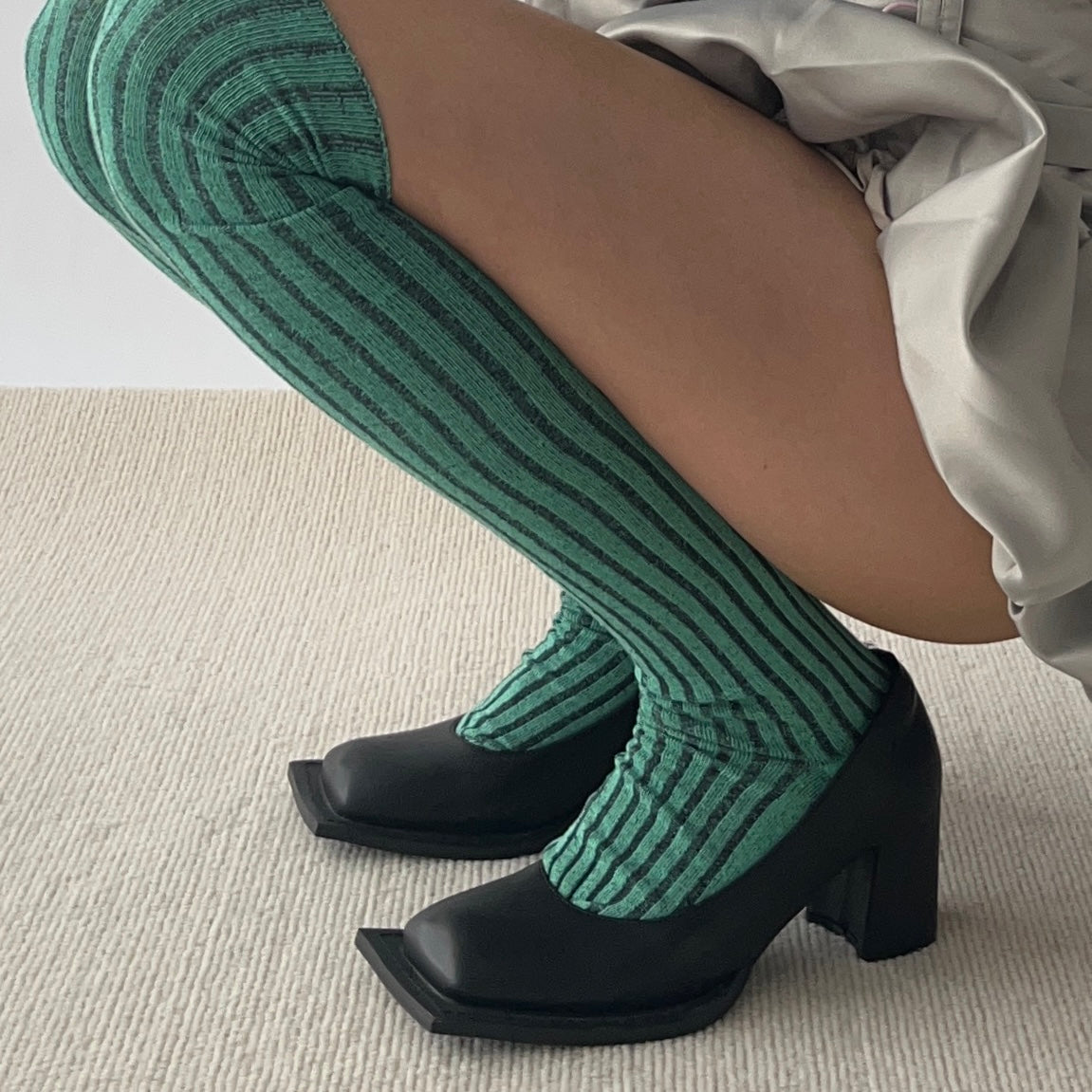 Green Stripe Cotton Over the Knee Socks