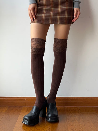 Coffee Lace Cotton Over the Knee Socks
