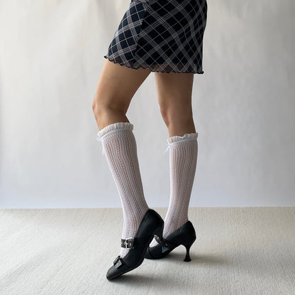 White Ruffle Fishnet Knee High Socks