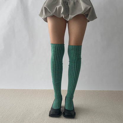 Green Stripe Cotton Over the Knee Socks