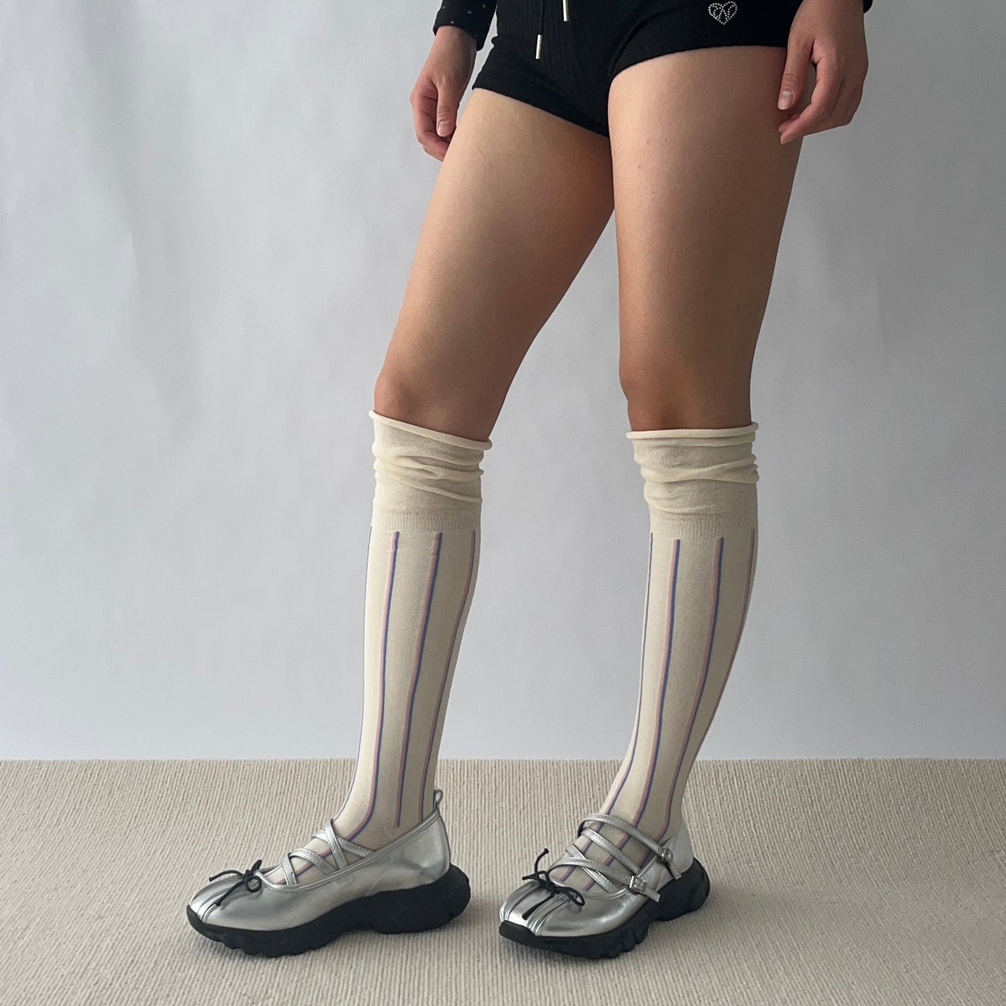Beige Stripe Cotton Over the Knee Socks