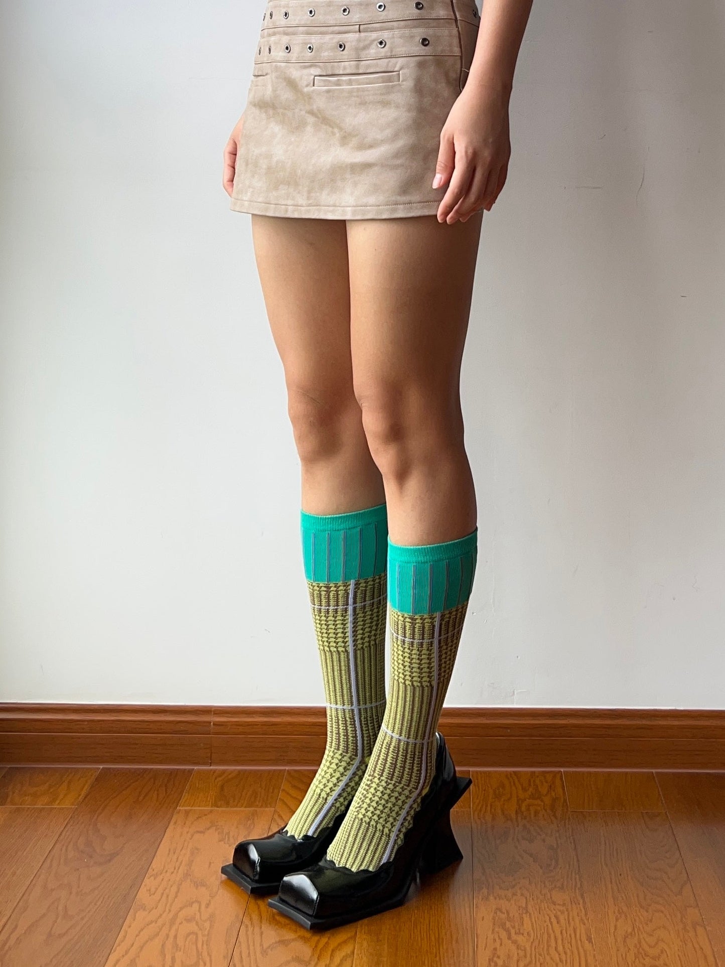 Mint Green + Yellow Cotton Knee High Socks