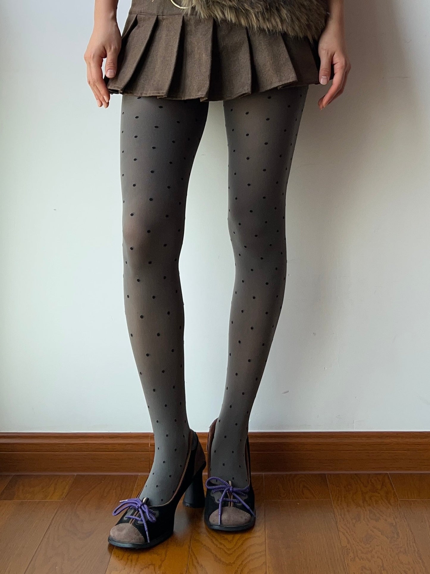 Grey Polka Dots Velvet Tights