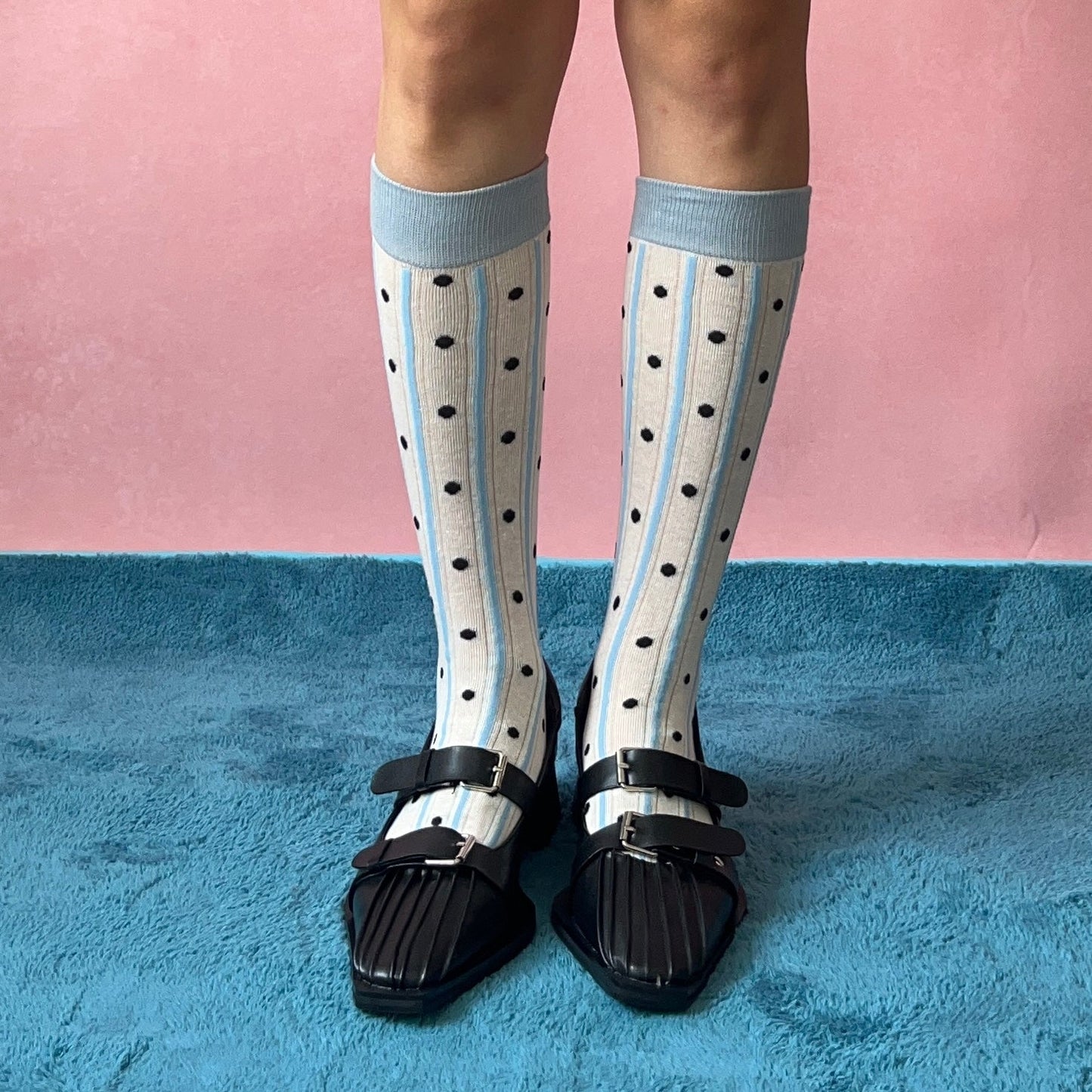 Blue Polka Dots Stripe Cotton Knee High Socks