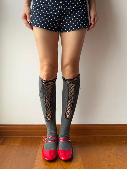 Grey Lace Up Knee High Socks