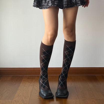 Brown Check Pattern Cotton Knee High Socks