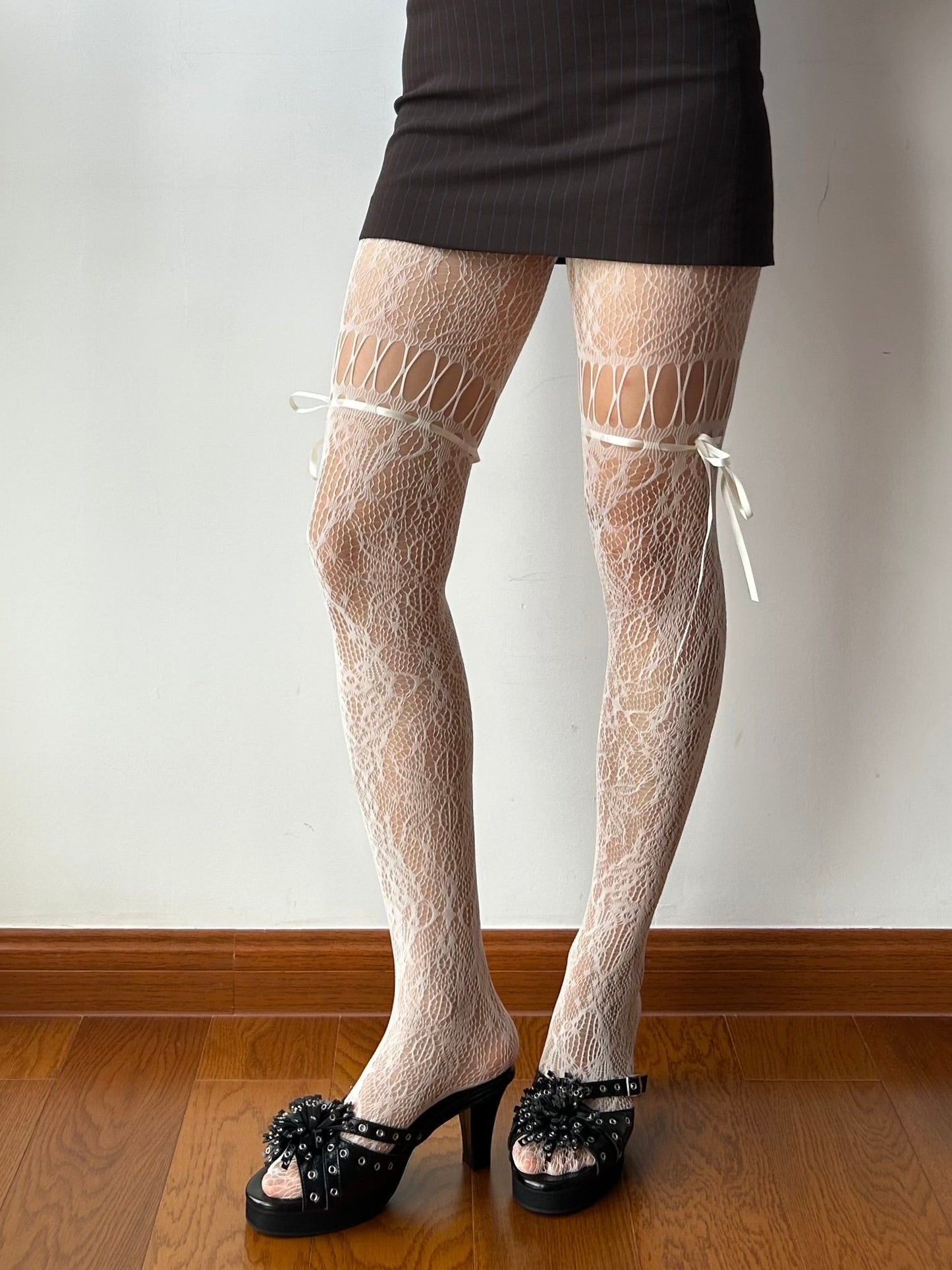 White Lace Up Design Fishnet Tights