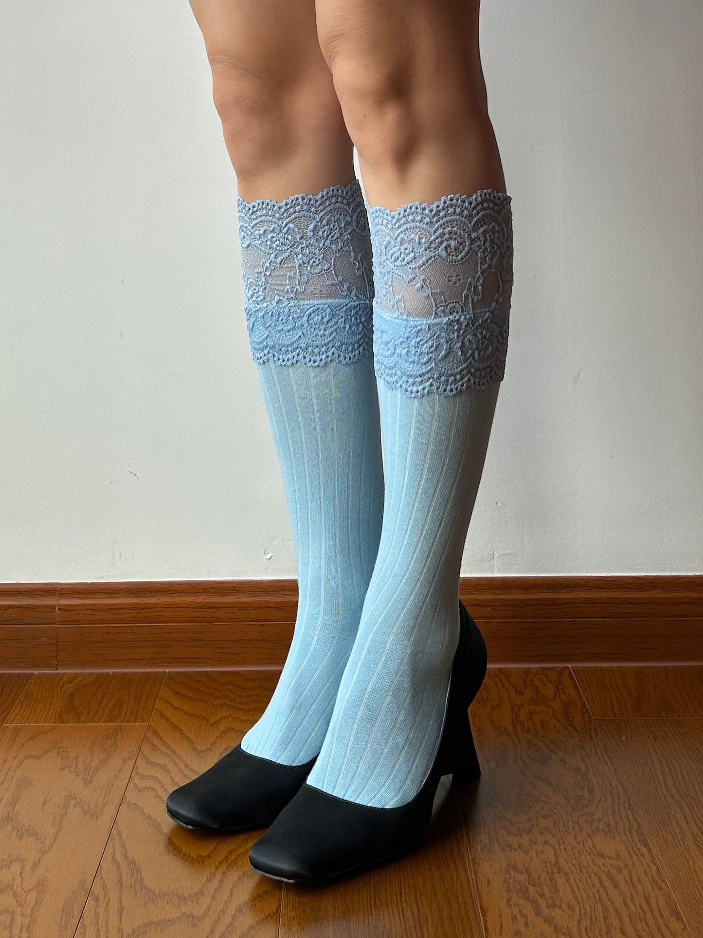 Blue Lace Edge Knee High Socks
