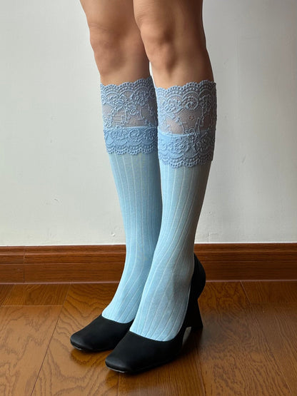 Blue Lace Edge Knee High Socks