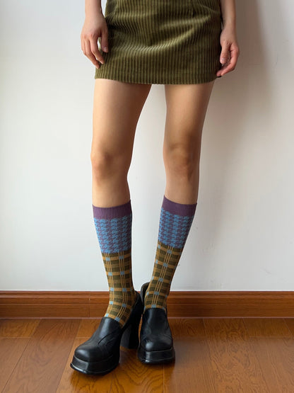Blue+Olive Green Double Knitting Knee High Socks