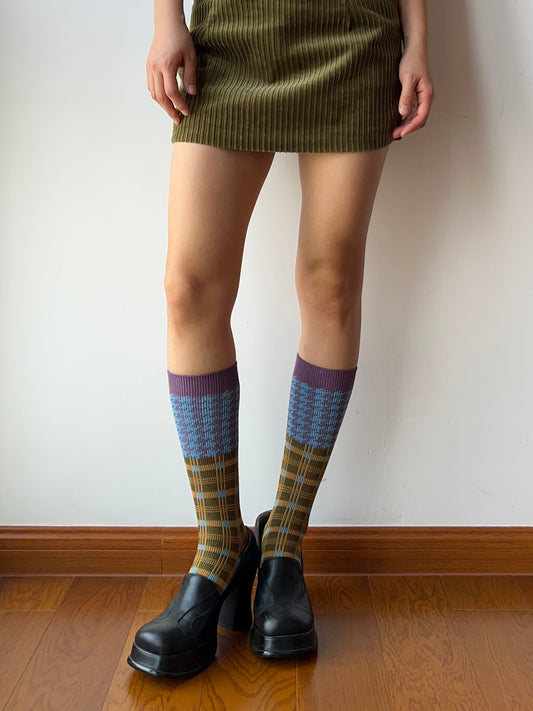 Blue+Olive Green Double Knitting Knee High Socks