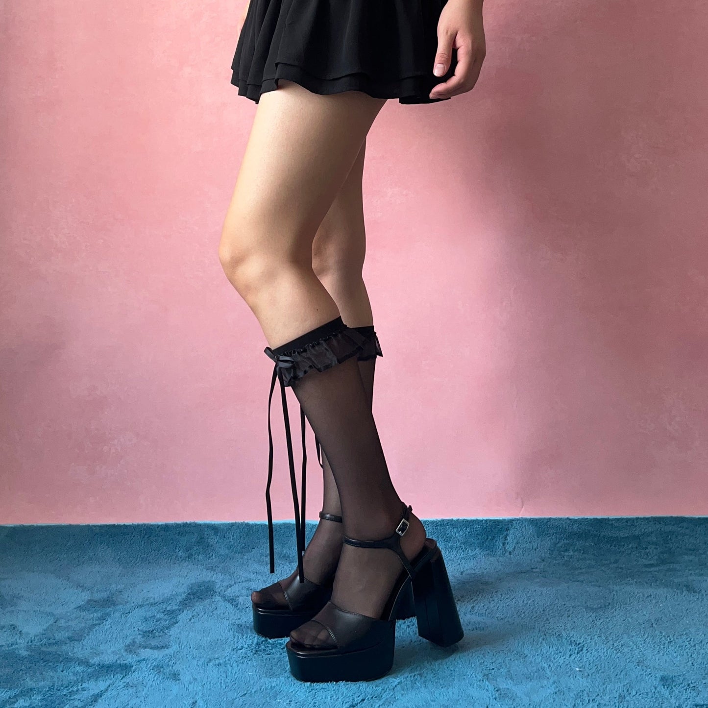 Black Ruffle Sheer Knee High Socks