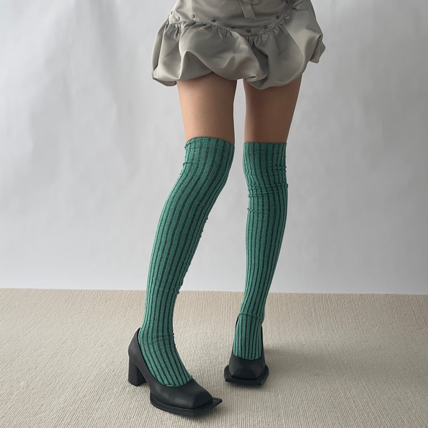 Green Stripe Cotton Over the Knee Socks