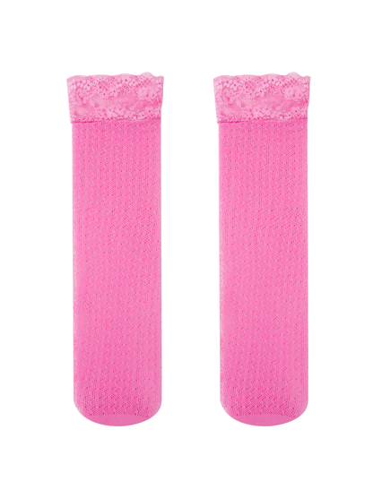 Raspberry Lace Edge Fishnet Knee High Socks