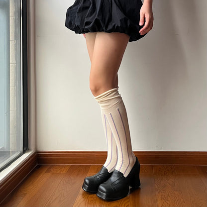 Beige Stripe Cotton Over the Knee Socks