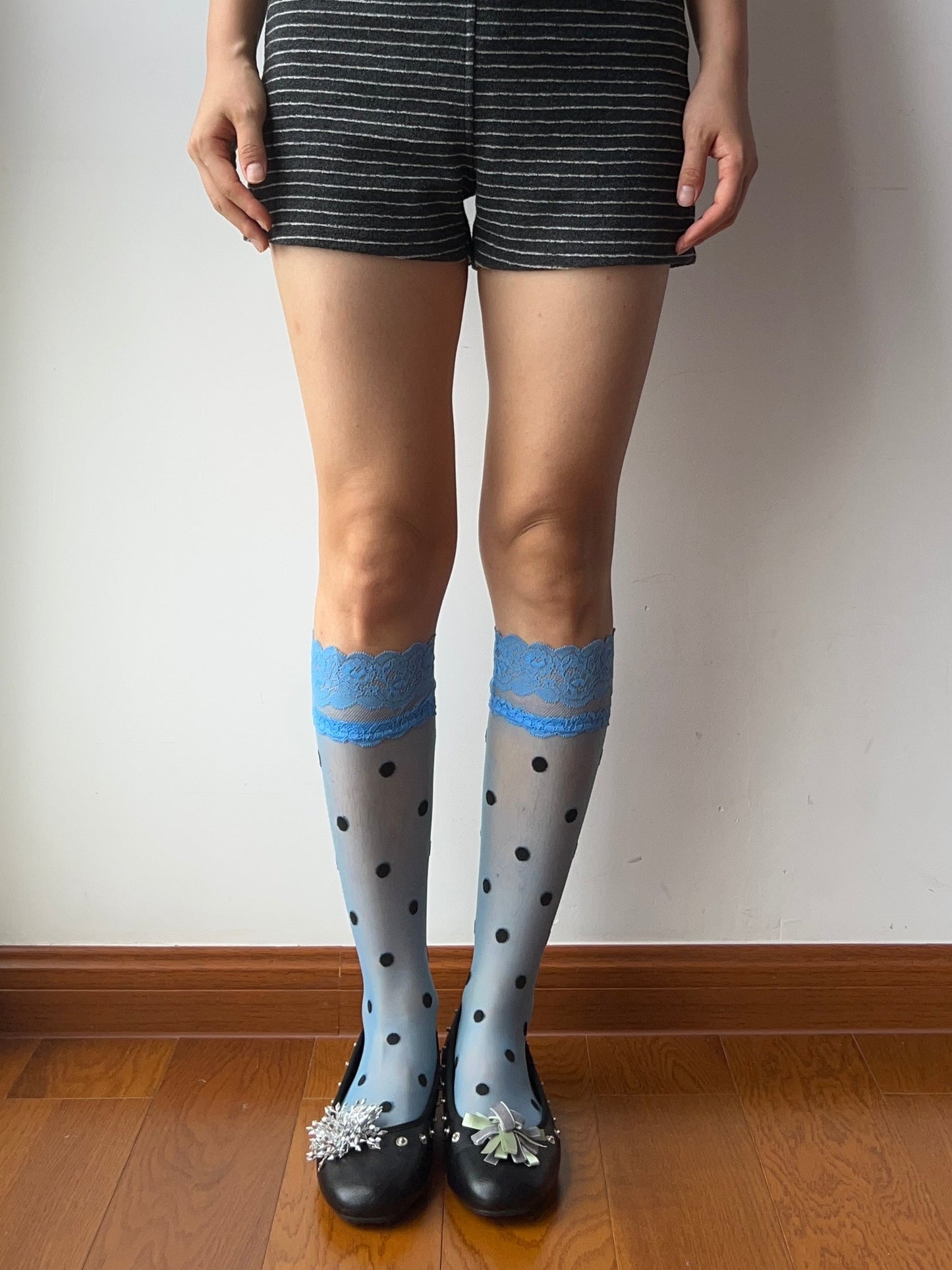 Blue Lace Edge Polka Dots Sheer Knee High Socks