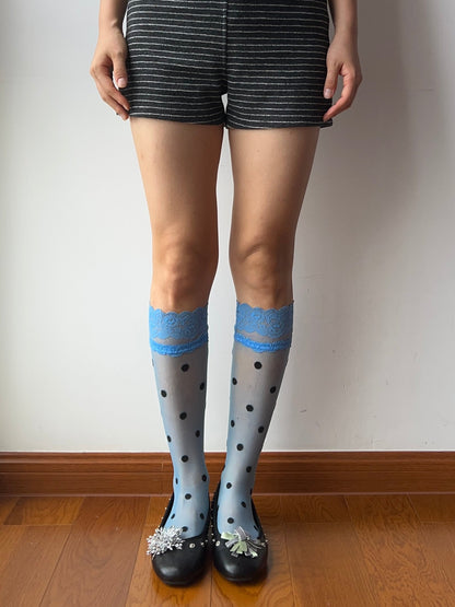 Blue Lace Edge Polka Dots Sheer Knee High Socks