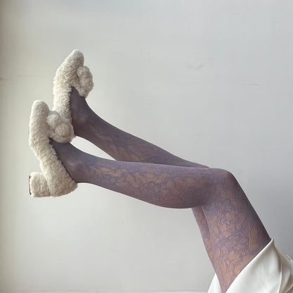 Purple Floral Pattern Fishnet Tights