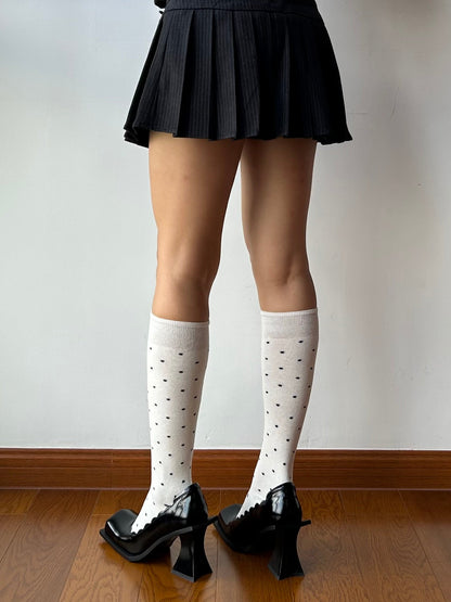 White Polka Dots Cotton Knee High Socks