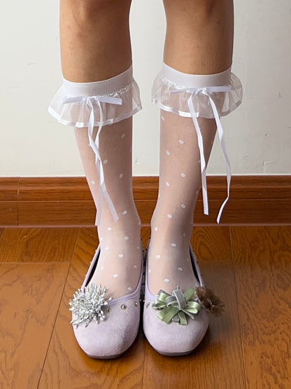 White Ruffle Polka Dots Sheer Knee High Socks
