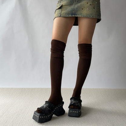Brown Cotton Over the Knee Socks