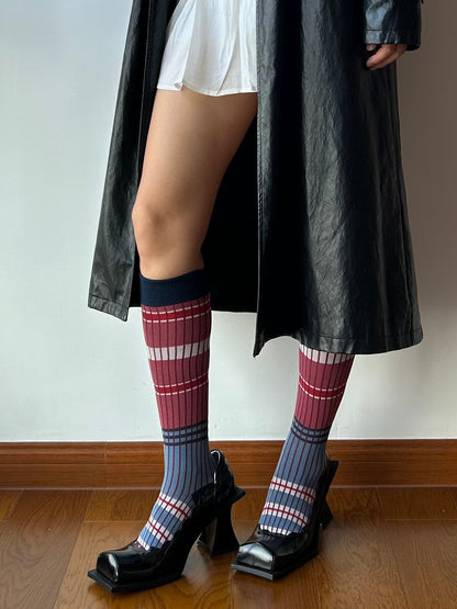 Blue + Red Stripe Cotton Knee High Socks