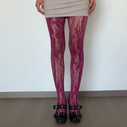 Rose Red Textured Floral Pattern Fishnet Tights