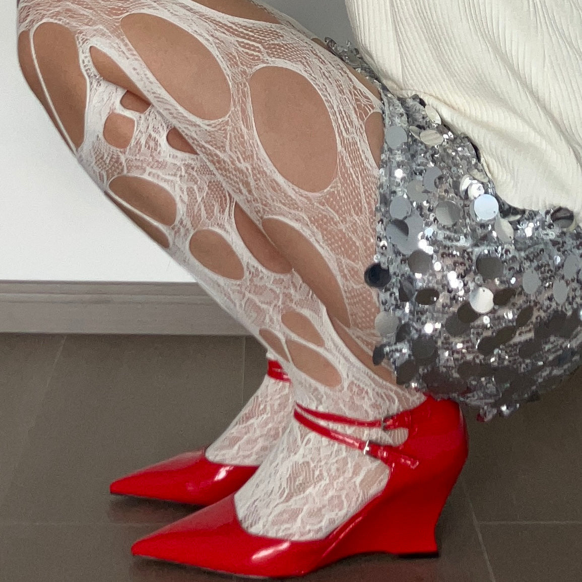 White Ripped Fishnet Tights