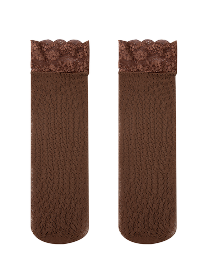 Brown Lace Edge Fishnet Knee High Socks